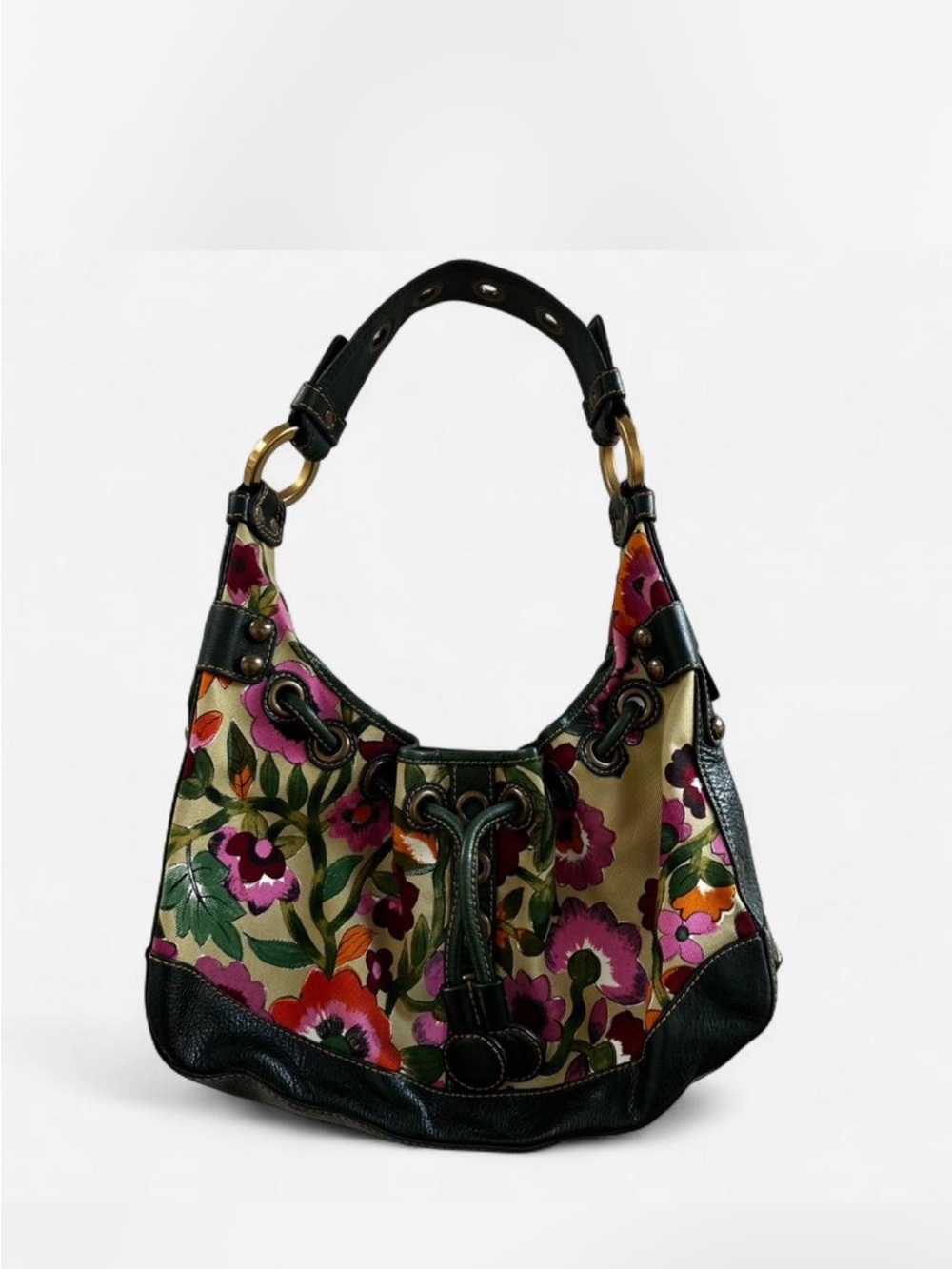 Isabella Fiore Floral Drawstring leather Shoulder hobo Bag purse